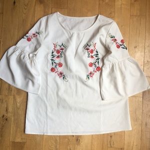 White Bell Sleeve Top with Red Embroidered Roses